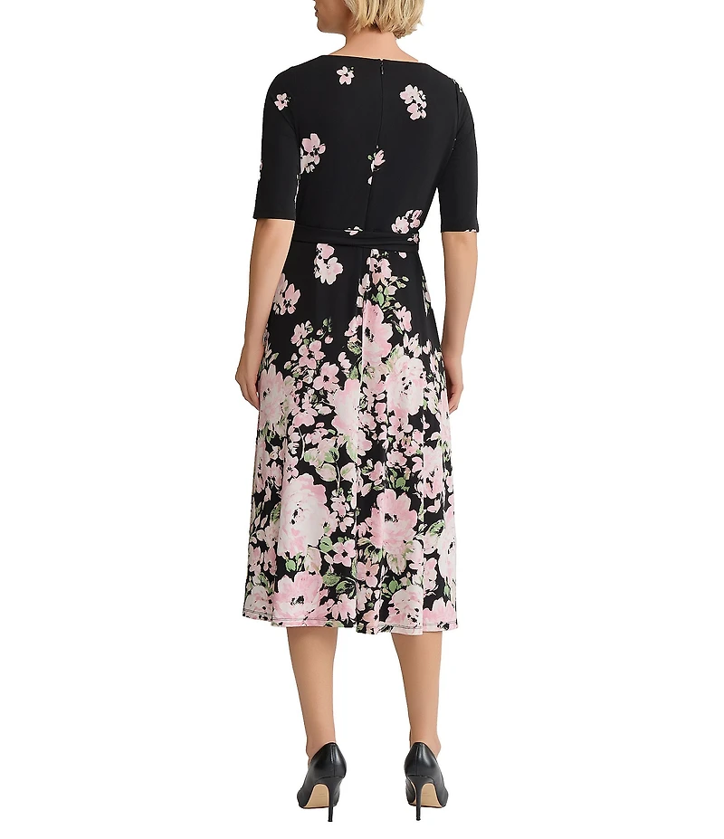 Kasper Petite Short Sleeve Floral Printed Jersey Knit Midi Dress
