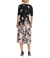 Kasper Petite Short Sleeve Floral Printed Jersey Knit Midi Dress