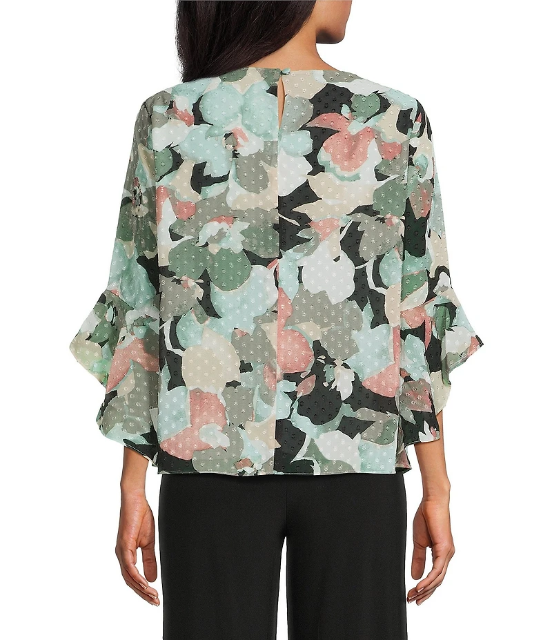 Kasper Petite Size Boat Neck 3/4 Ruffle Sleeve Printed Chiffon Blouse