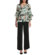 Kasper Petite Size Boat Neck 3/4 Ruffle Sleeve Printed Chiffon Blouse