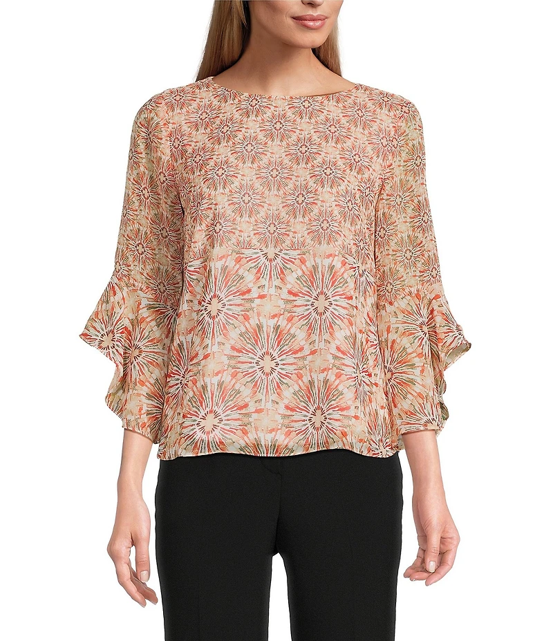 Kasper Petite Size Chiffon Boat Neck Ruffle 3/4 Sleeve Blouse
