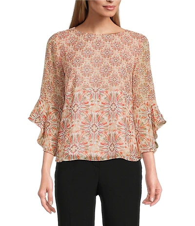 Kasper Petite Size Chiffon Boat Neck Ruffle 3/4 Sleeve Blouse