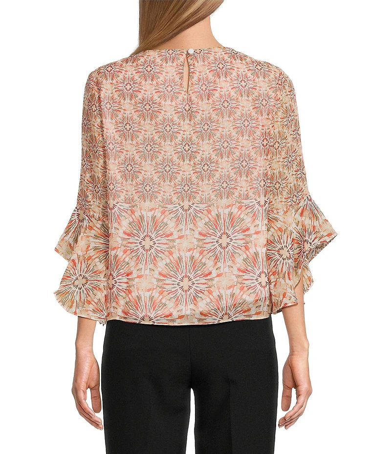 Kasper Petite Size Chiffon Boat Neck Ruffle 3/4 Sleeve Blouse