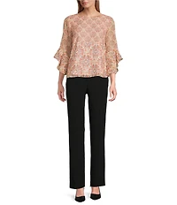 Kasper Petite Size Chiffon Boat Neck Ruffle 3/4 Sleeve Blouse