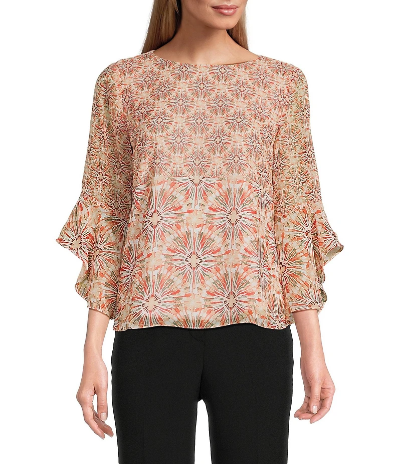 Kasper Petite Size Chiffon Boat Neck Ruffle 3/4 Sleeve Blouse