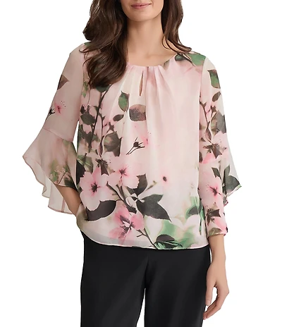 Kasper Petite Size Chiffon Floral Print 3/4 Flutter Sleeve With Keyhole Neckline Blouse