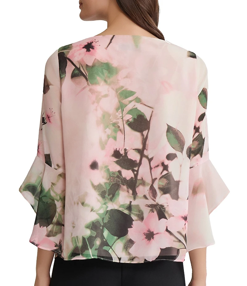 Kasper Petite Size Chiffon Floral Print 3/4 Flutter Sleeve With Keyhole Neckline Blouse