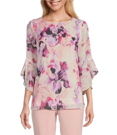 Kasper Petite Size Clip Floral Chiffon 3/4 Ruffle Sleeve Blouse