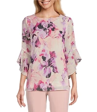 Kasper Petite Size Clip Floral Chiffon 3/4 Ruffle Sleeve Blouse