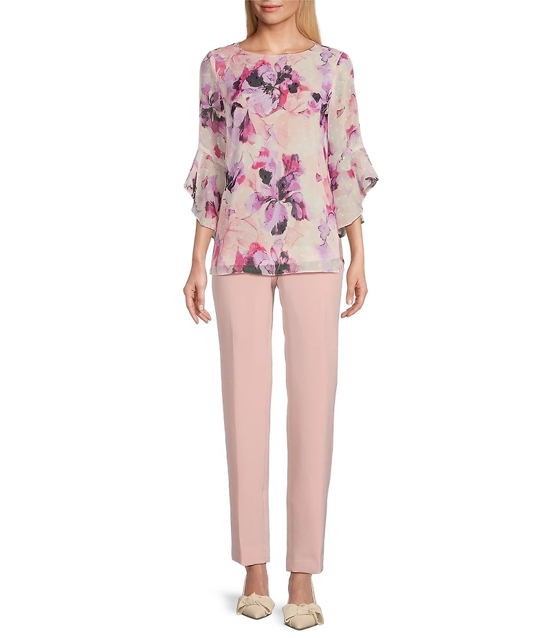 Kasper Petite Size Clip Floral Chiffon 3/4 Ruffle Sleeve Blouse