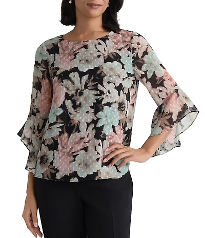 Kasper Petite Size Clip Dot Ruffle 3/4 Sleeve Blouse