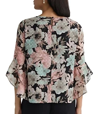 Kasper Petite Size Clip Dot Ruffle 3/4 Sleeve Blouse