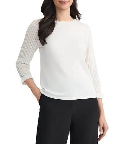 Kasper Petite Size Crew Neck 3/4 Ruffle Sleeve Knit Top