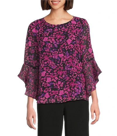 Kasper Petite Size Floral Chiffon Boat Neck 3/4 Ruffle Sleeve Blouse