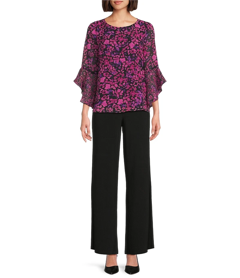 Kasper Petite Size Floral Chiffon Boat Neck 3/4 Ruffle Sleeve Blouse