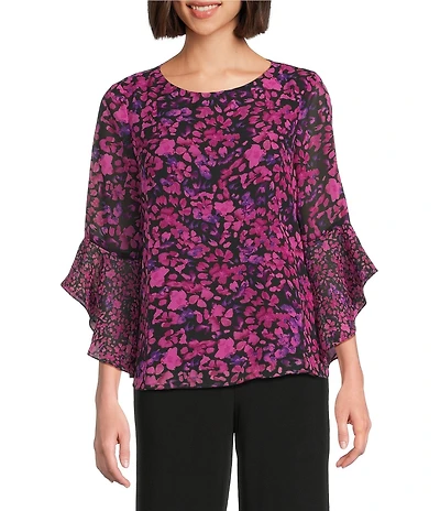 Kasper Petite Size Floral Chiffon Boat Neck 3/4 Ruffle Sleeve Blouse