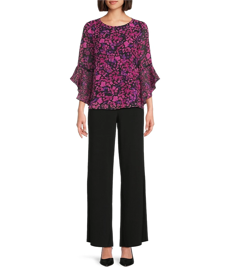 Kasper Petite Size Floral Chiffon Boat Neck 3/4 Ruffle Sleeve Blouse