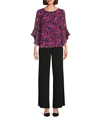 Kasper Petite Size Floral Chiffon Boat Neck 3/4 Ruffle Sleeve Blouse