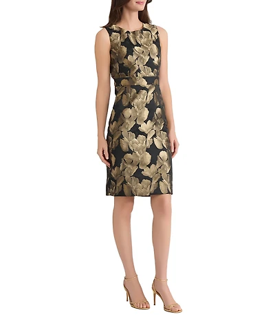Kasper Petite Size Floral Jacquard Crew Neck Sleeveless Sheath Dress