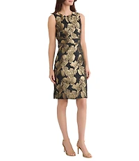 Kasper Petite Size Floral Jacquard Crew Neck Sleeveless Sheath Dress