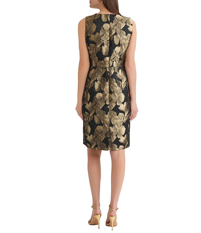Kasper Petite Size Floral Jacquard Crew Neck Sleeveless Sheath Dress