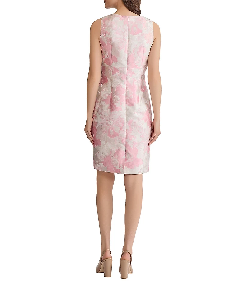 Kasper Petite Size Floral Jacquard Sleeveless Crew Neck Sheath Dress