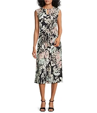 Kasper Petite Size Floral Keyhole Neck Cap Sleeve Midi Dress