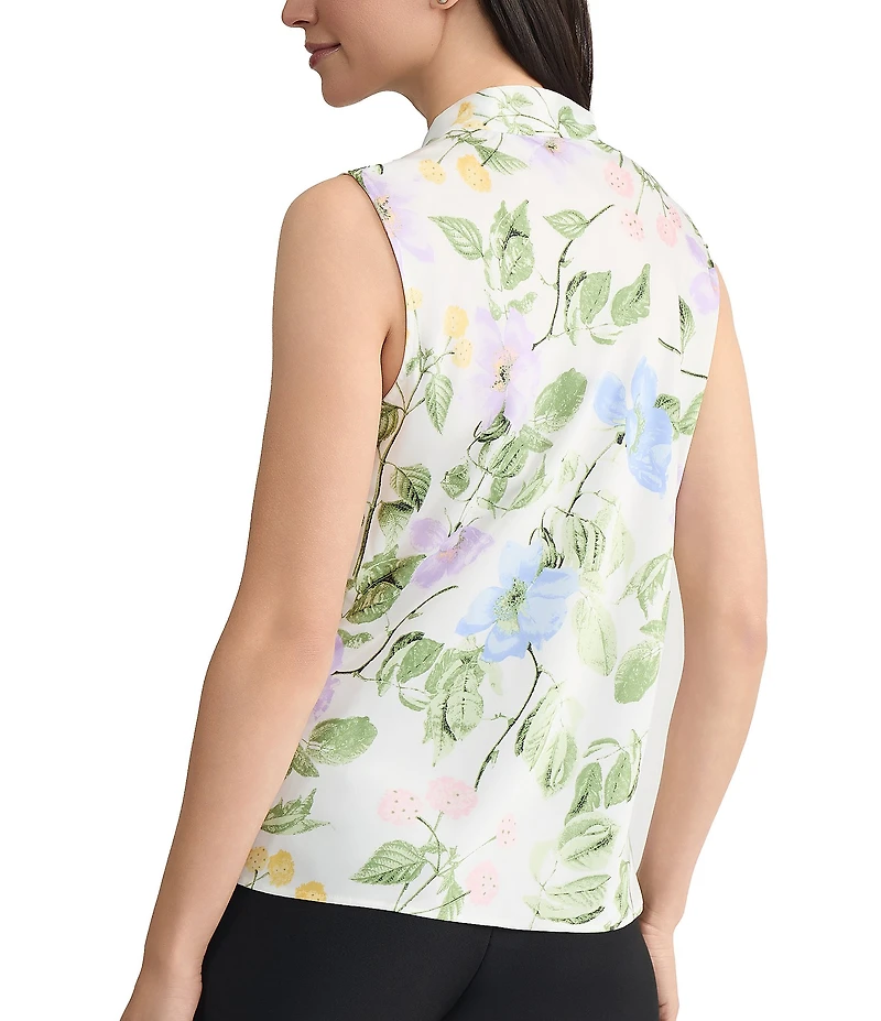 Kasper Petite Size Floral Print Satin Tie Neck Sleeveless Blouse