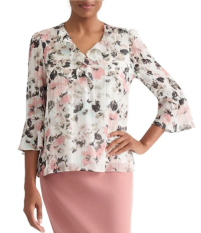 Kasper Petite Size Flutter Sleeve Printed Blouse With Ruffle Neckline