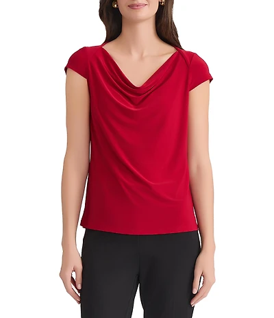 Kasper Petite Size Jersey Knit Cap Sleeve Cowl Neck Top