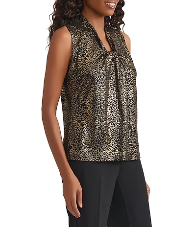 Kasper Petite Size Knot Neck Animal Print Top
