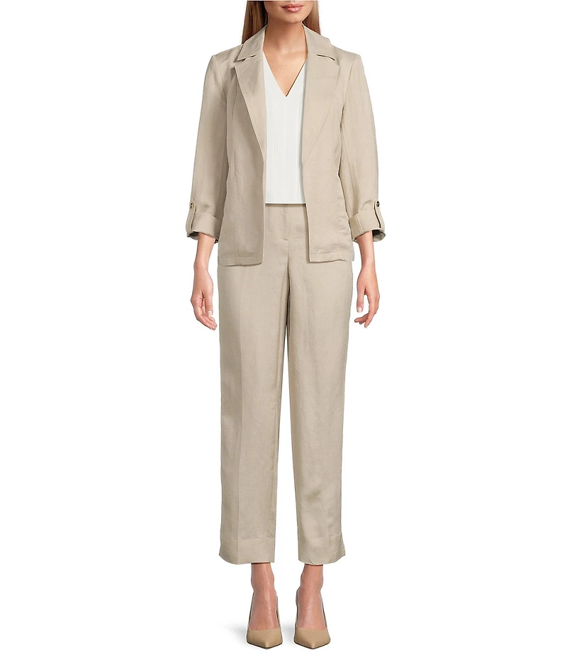 Kasper Petite Size Linen Blend Notch Collar 3/4 Sleeve Open Seam Jacket