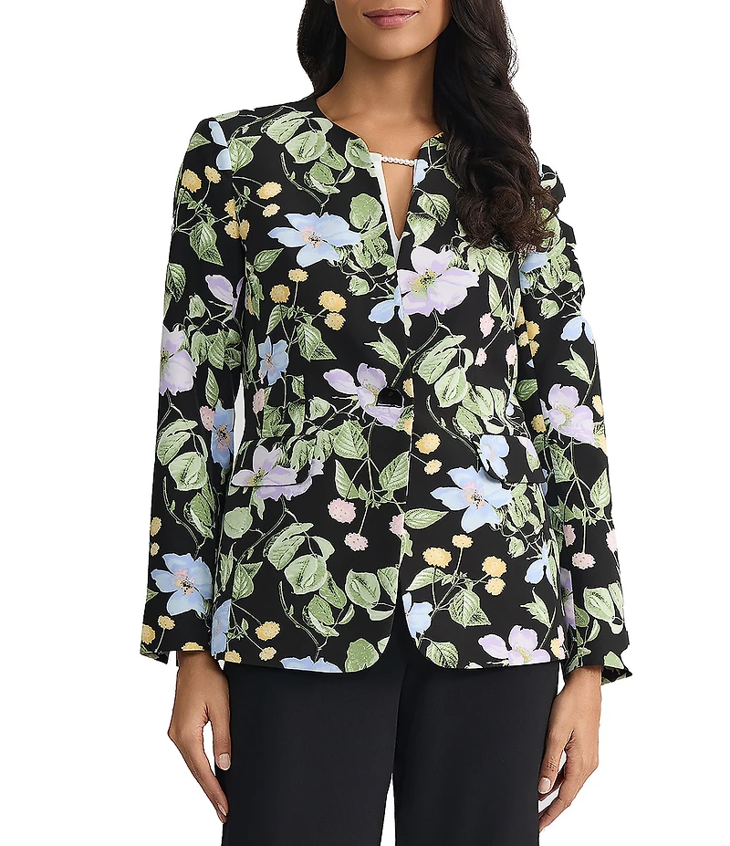 Kasper Petite Size One Button Collarless Long Sleeve Floral Printed Scuba Blazer