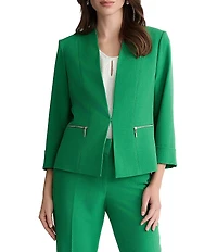 Kasper Petite Size Open Front Crepe Zipper Pockets Cardigan