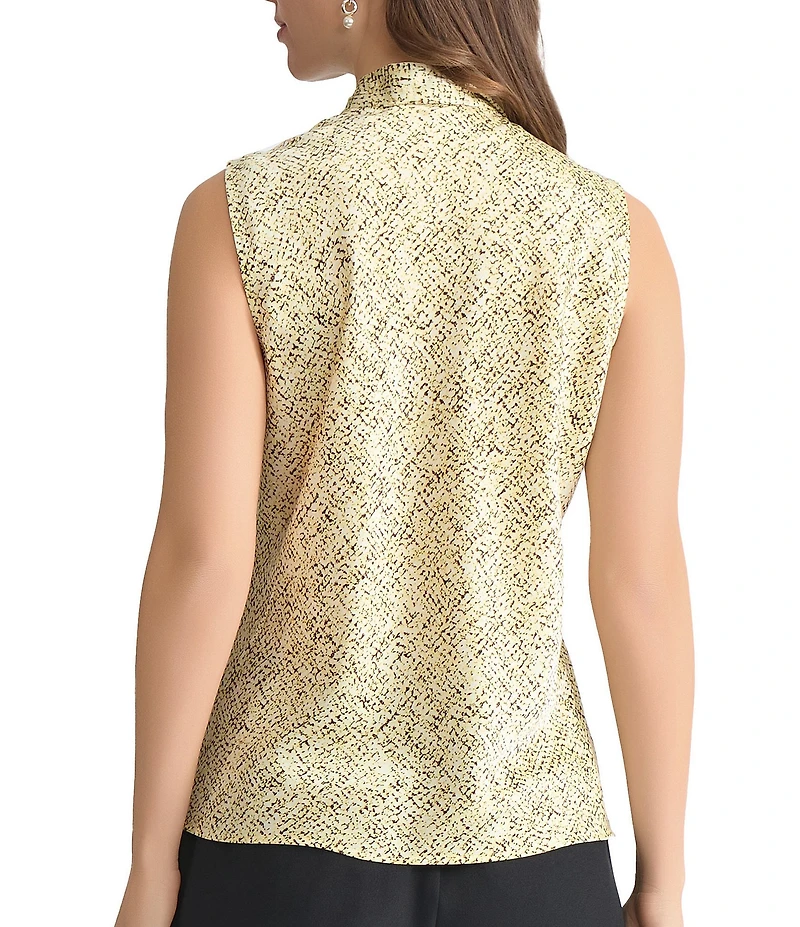 Kasper Petite Size Printed Satin Tie Front Sleeveless Blouse