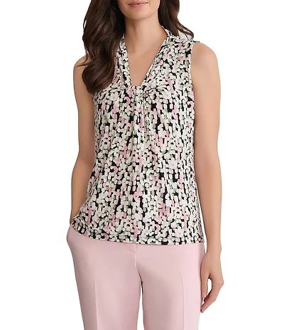 Kasper Petite Size Printed Twist Front Jersey Knit Sleeveless Blouse