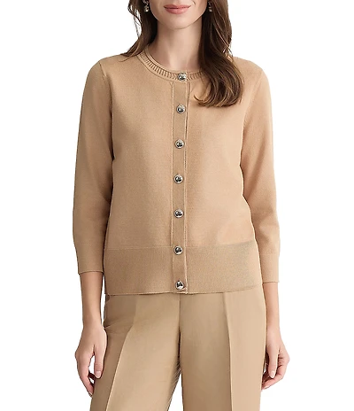 Kasper Petite Size Rib Hem Crew Neck 3/4 Sleeve Cardigan