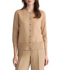 Kasper Petite Size Rib Hem Crew Neck 3/4 Sleeve Cardigan