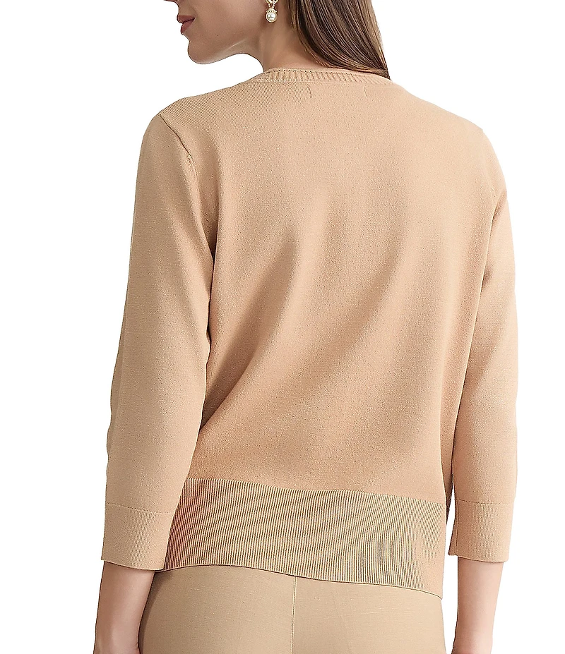 Kasper Petite Size Rib Hem Crew Neck 3/4 Sleeve Cardigan