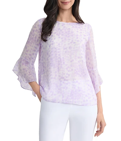 Kasper Petite Size Ruffle 3/4 Sleeve Printed Blouse