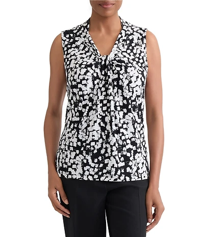 Kasper Petite Size Sleeveless Knot Front Printed Blouse