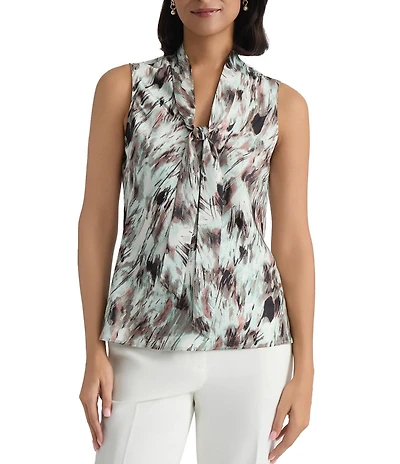 Kasper Petite Size Sleeveless Printed Tie Neck Blouse