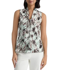 Kasper Petite Size Sleeveless Printed Tie Neck Blouse