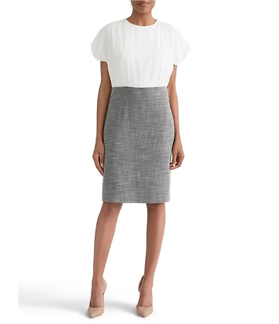 Kasper Petite Size Tulip Sleeve Mix Media Sheath Dress