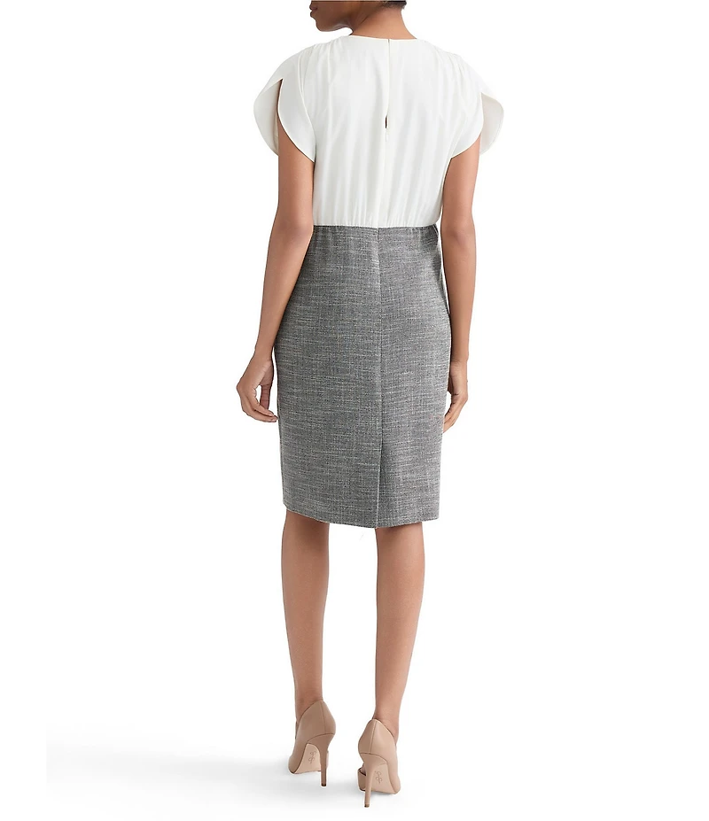 Kasper Petite Size Tulip Sleeve Mix Media Sheath Dress