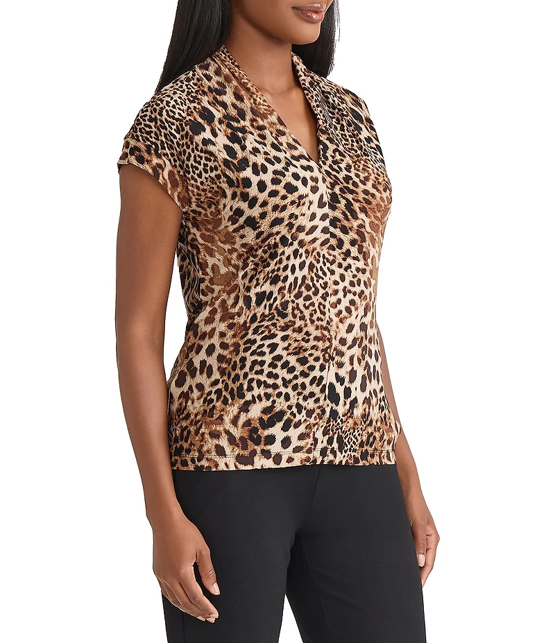 Kasper Petite Size V Neck Animal Print Cap Sleeve Top