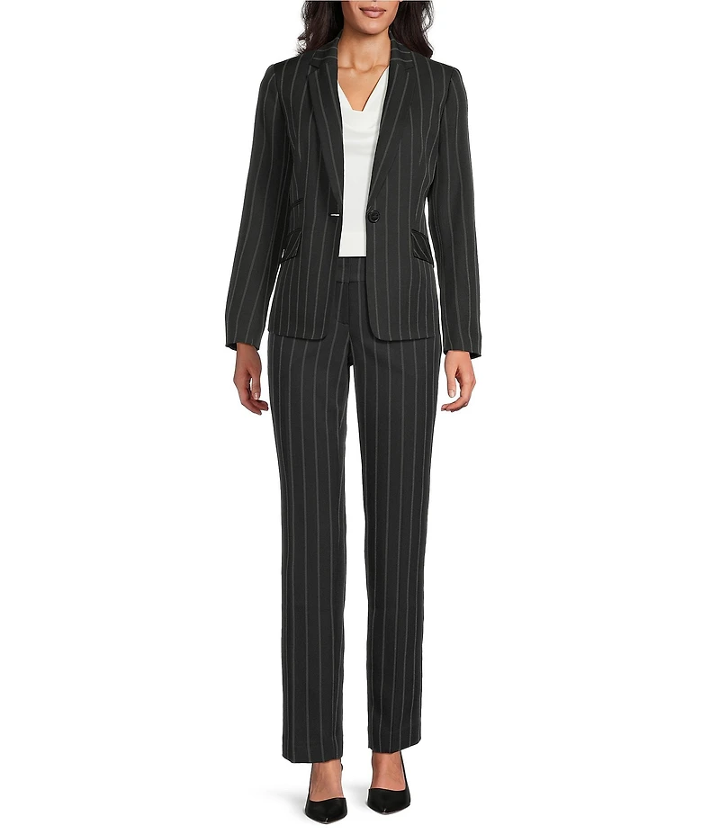 Kasper Pinstripe Notch Collar Long Sleeves Besom Pocket Button Front Jacket