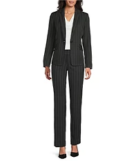 Kasper Pinstripe Notch Collar Long Sleeves Besom Pocket Button Front Jacket