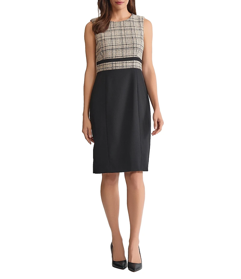 Kasper Plaid Stretch Crepe Crew Neckline Sleeveless Sheath Dress