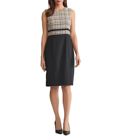 Kasper Plaid Stretch Crepe Crew Neckline Sleeveless Sheath Dress